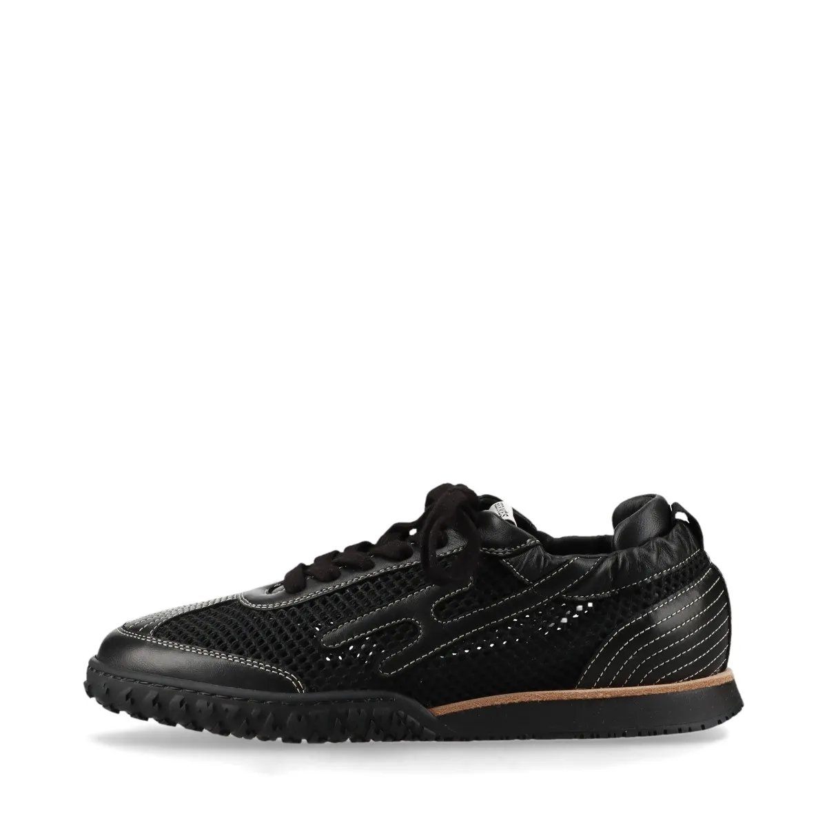 Black low-top sneakers with mesh panels and white soles.