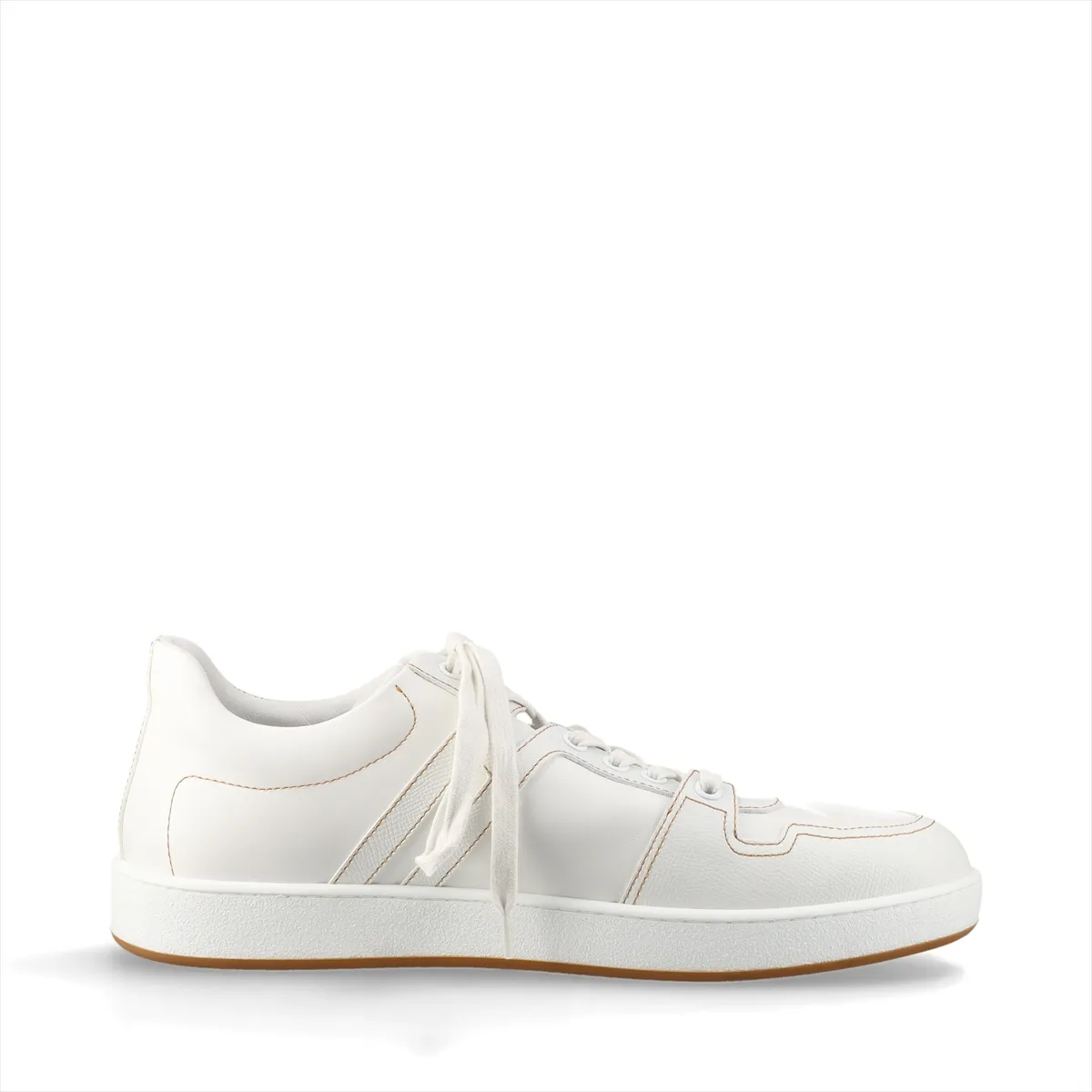 White leather low-top footwear with brown trim and contrast stitching at the side panel