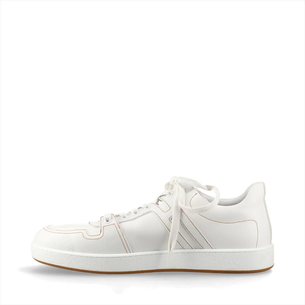 White leather low-top footwear with brown trim and contrast stitching at the side panel