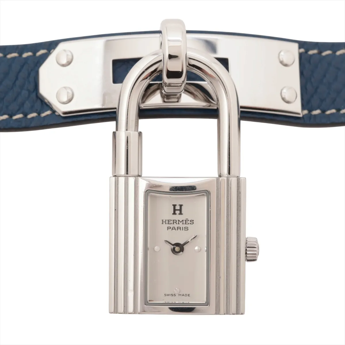 Padlock-shaped steel watch with silver dial on a leather strap.