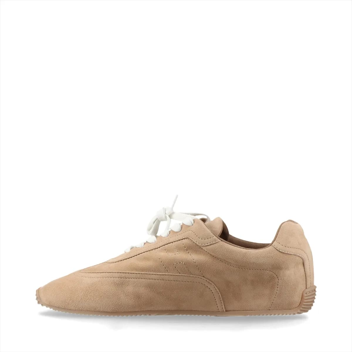 Beige suede and leather low-top sneaker with tonal sole.