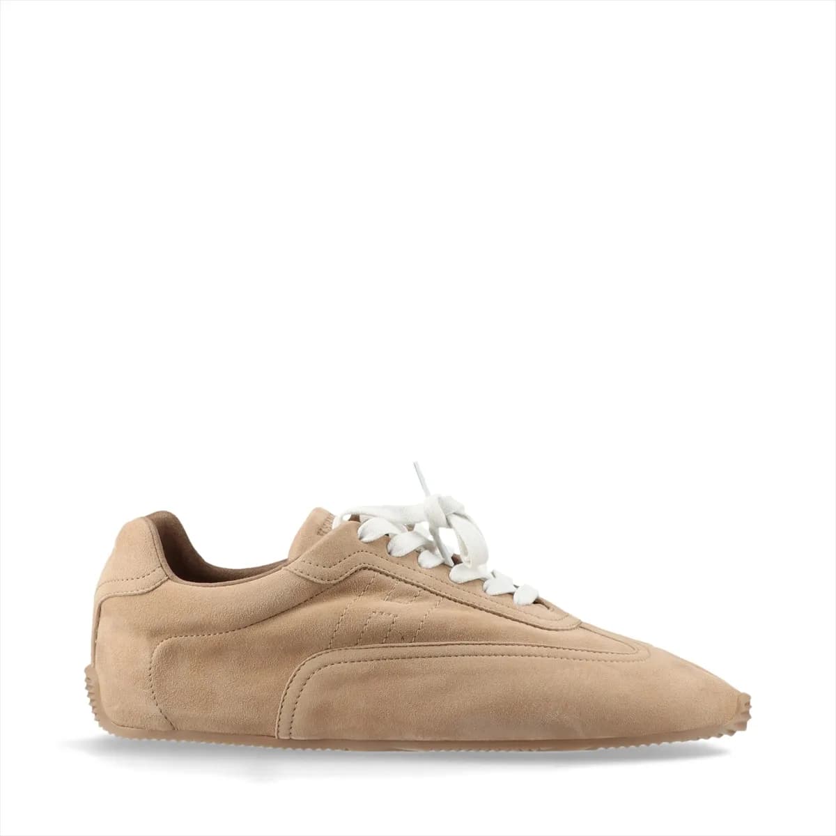 Beige suede and leather low-top sneaker with tonal sole.