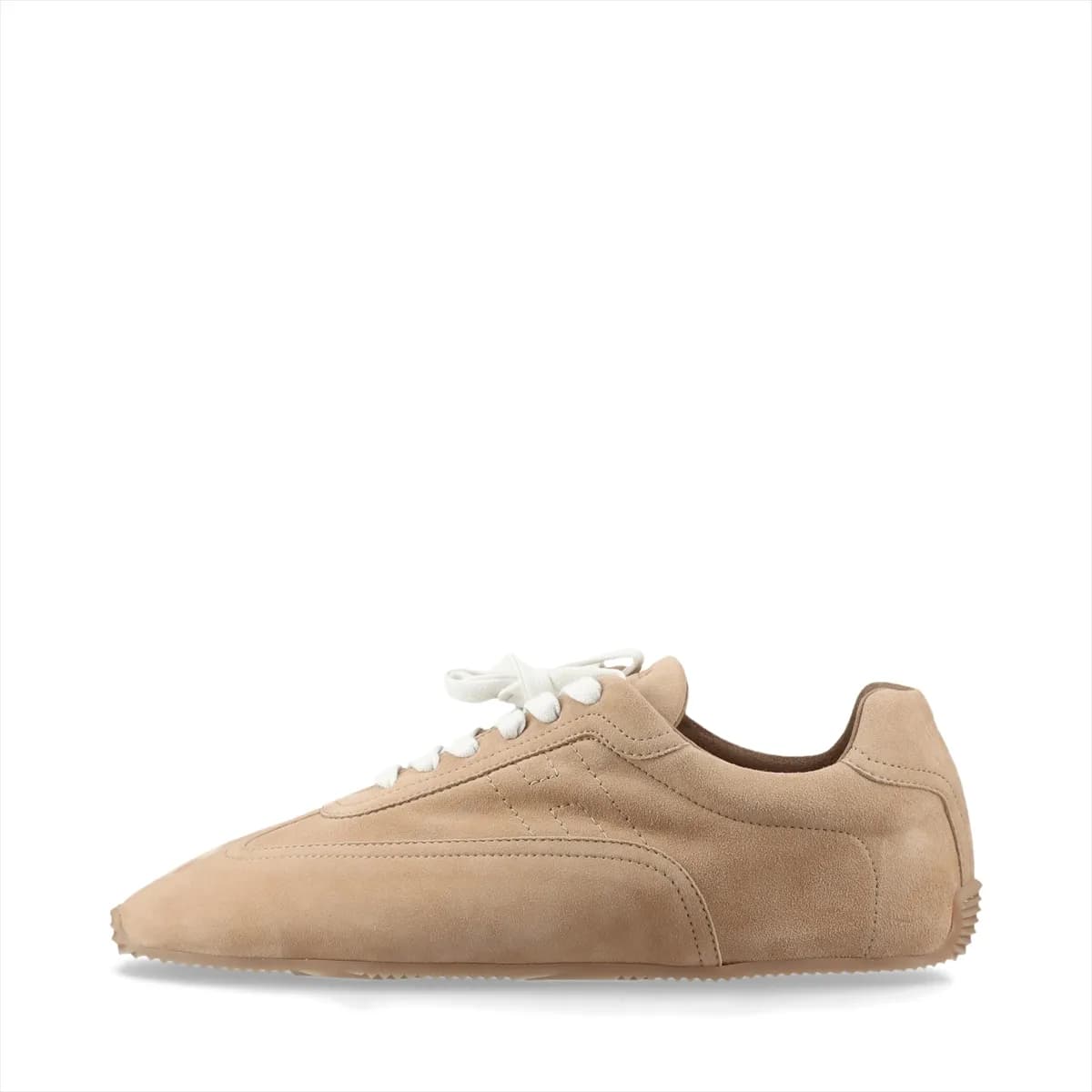 Beige suede and leather low-top sneaker with tonal sole.