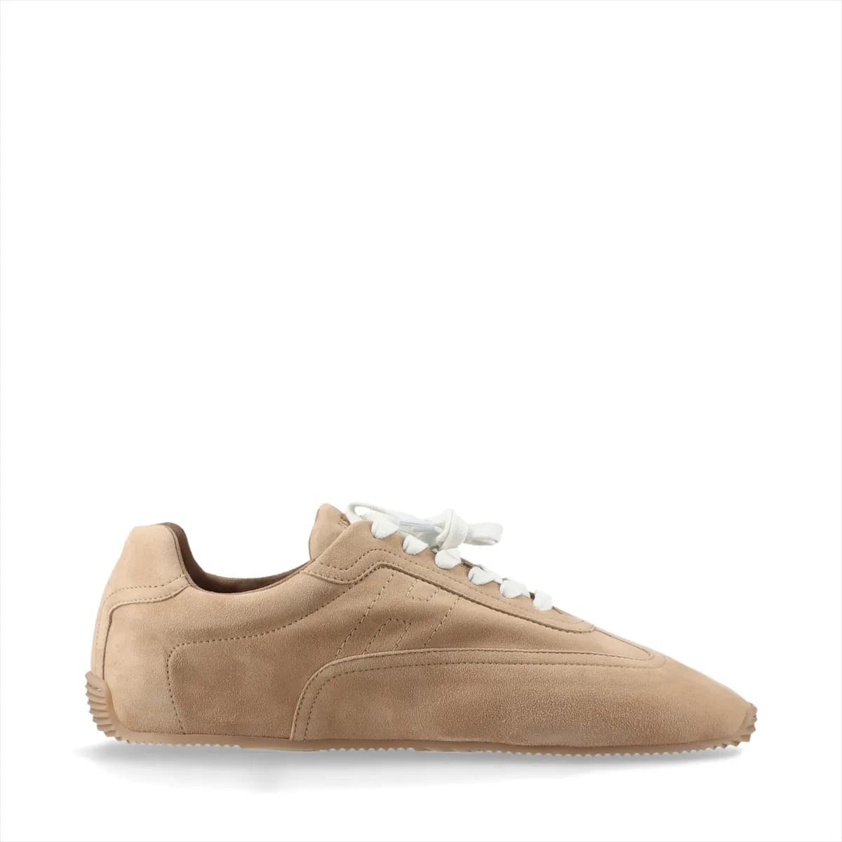 Beige suede and leather low-top sneaker with tonal sole.