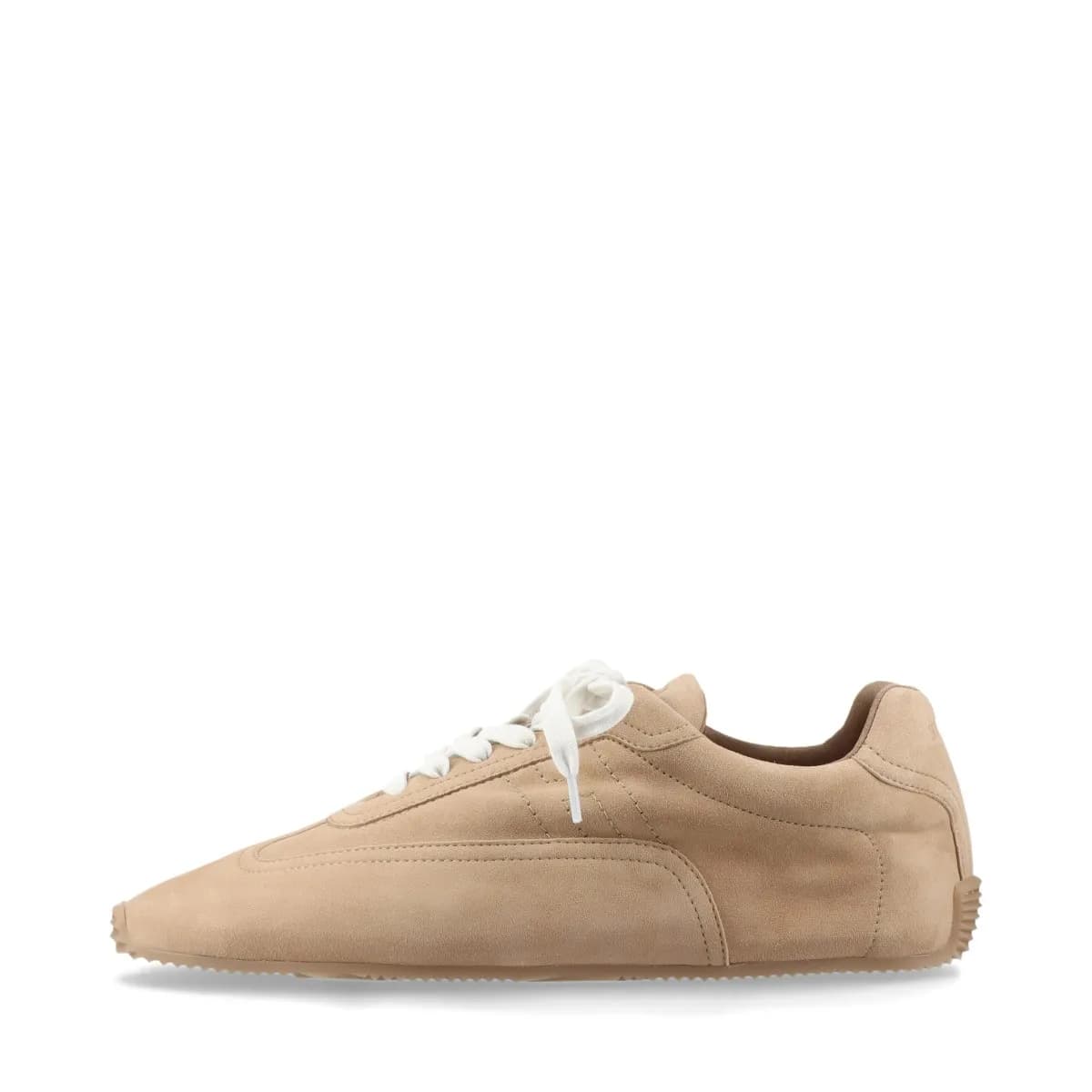 Beige suede low-top trainers with stitched logo detail on the side panel.