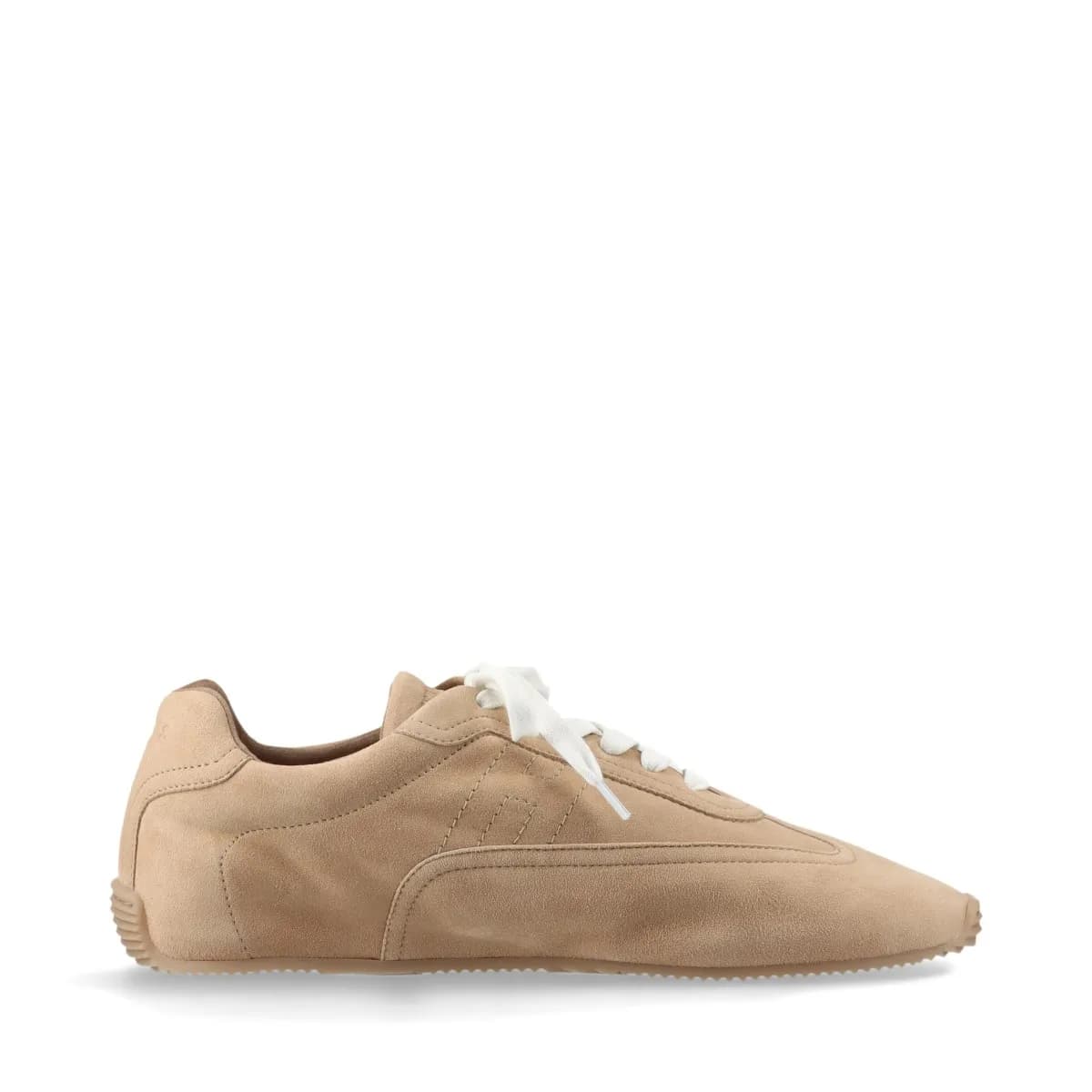 Beige suede low-top trainers with stitched logo detail on the side panel.