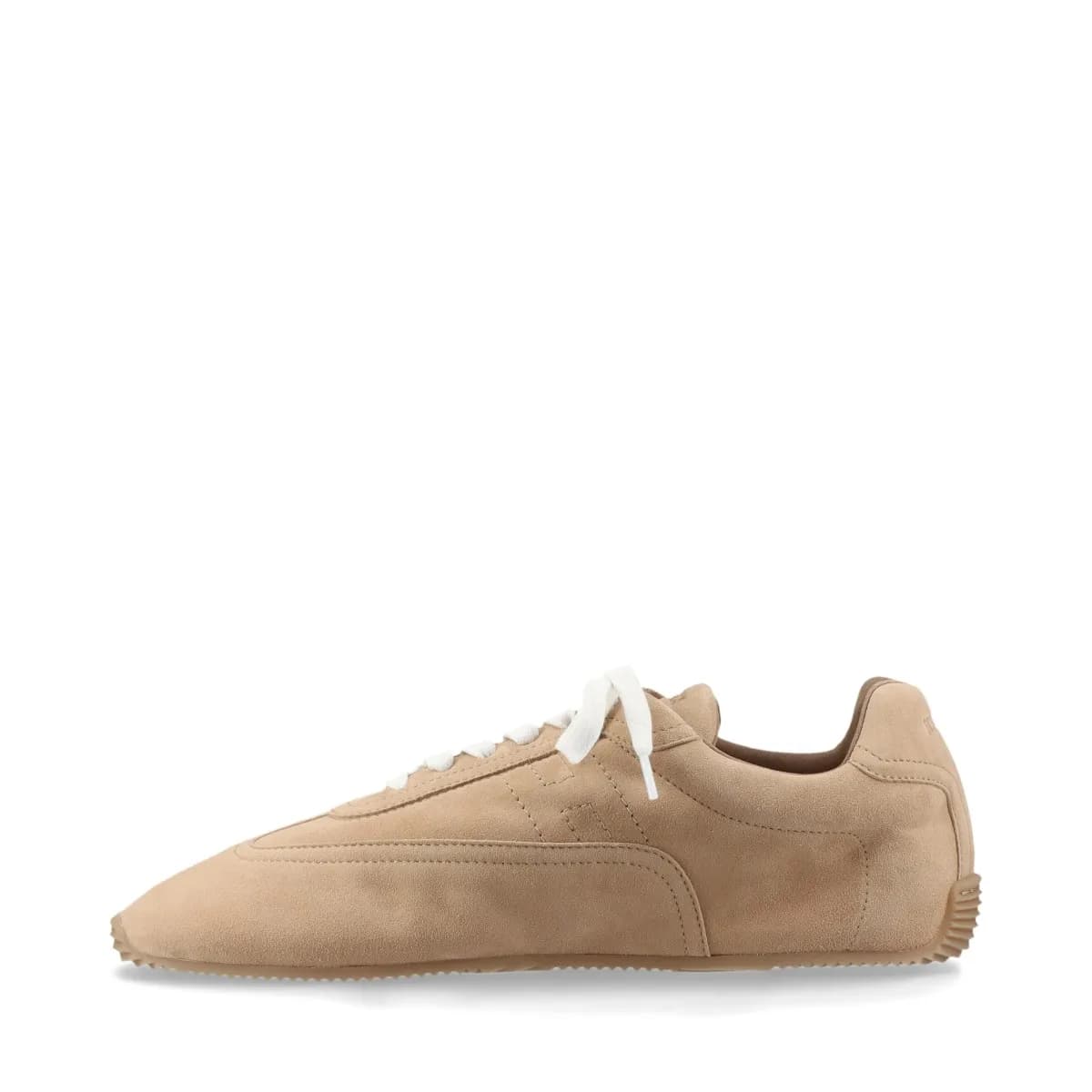 Beige suede low-top trainers with stitched logo detail on the side panel.