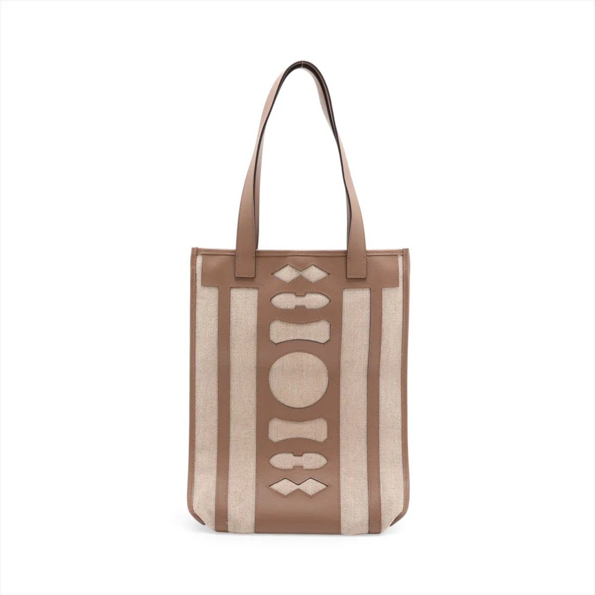 Beige canvas bag with taupe leather trim and a decorative dreamcatcher motif.