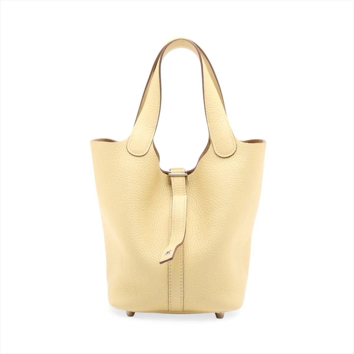 Small yellow leather bucket bag with rolled handles and silver-tone lock.