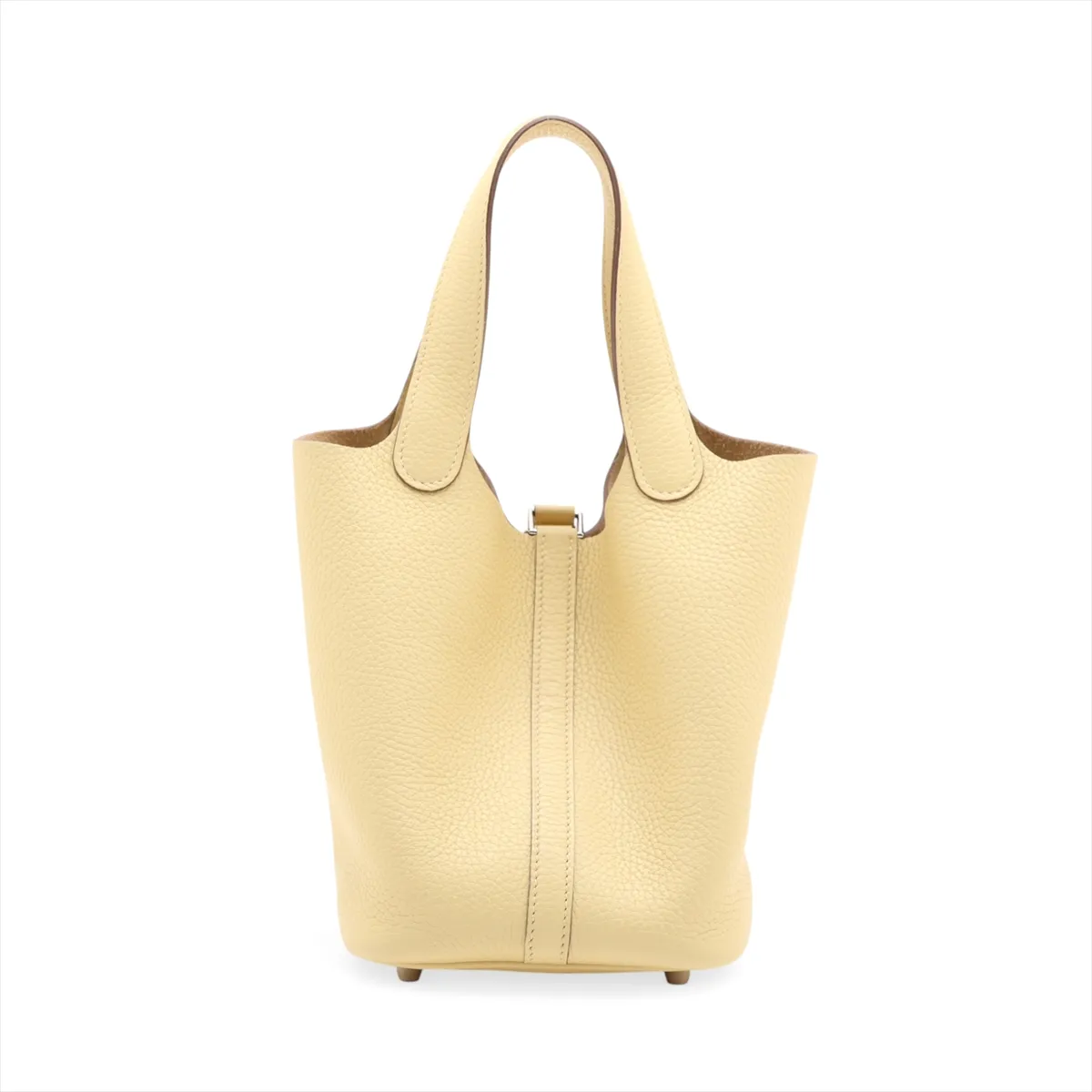 Small yellow leather bucket bag with rolled handles and silver-tone lock.