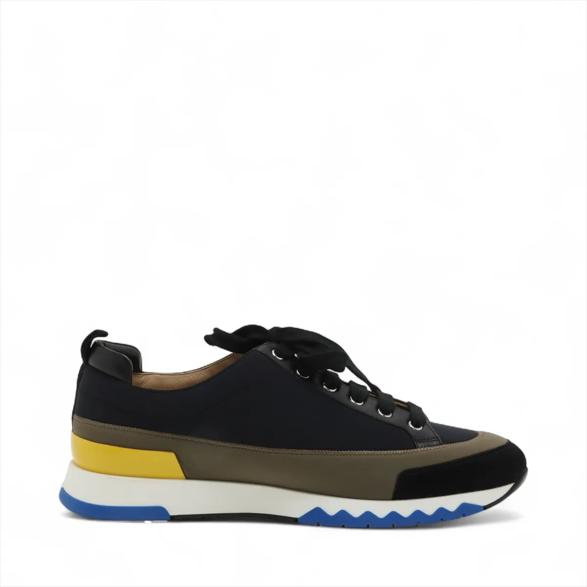 Black and khaki fabric low-top sneaker with contrast panels and a white sole.