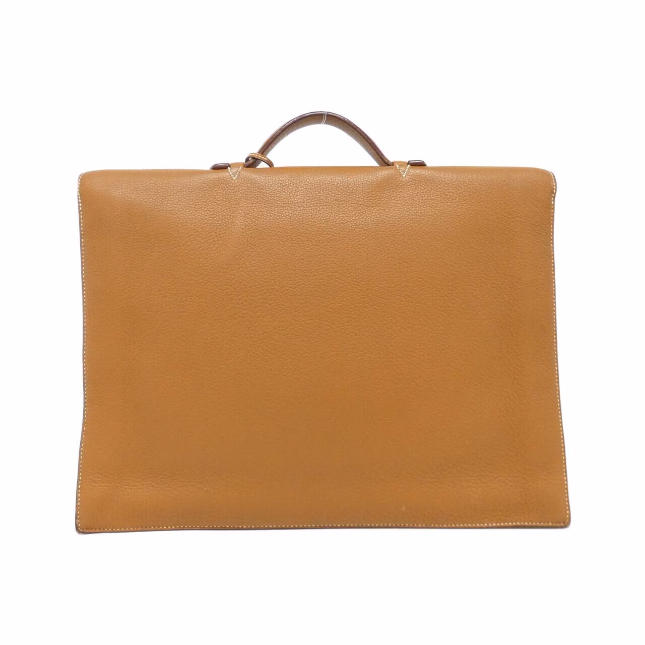 Structured rectangular leather briefcase with flap closure and top handle.