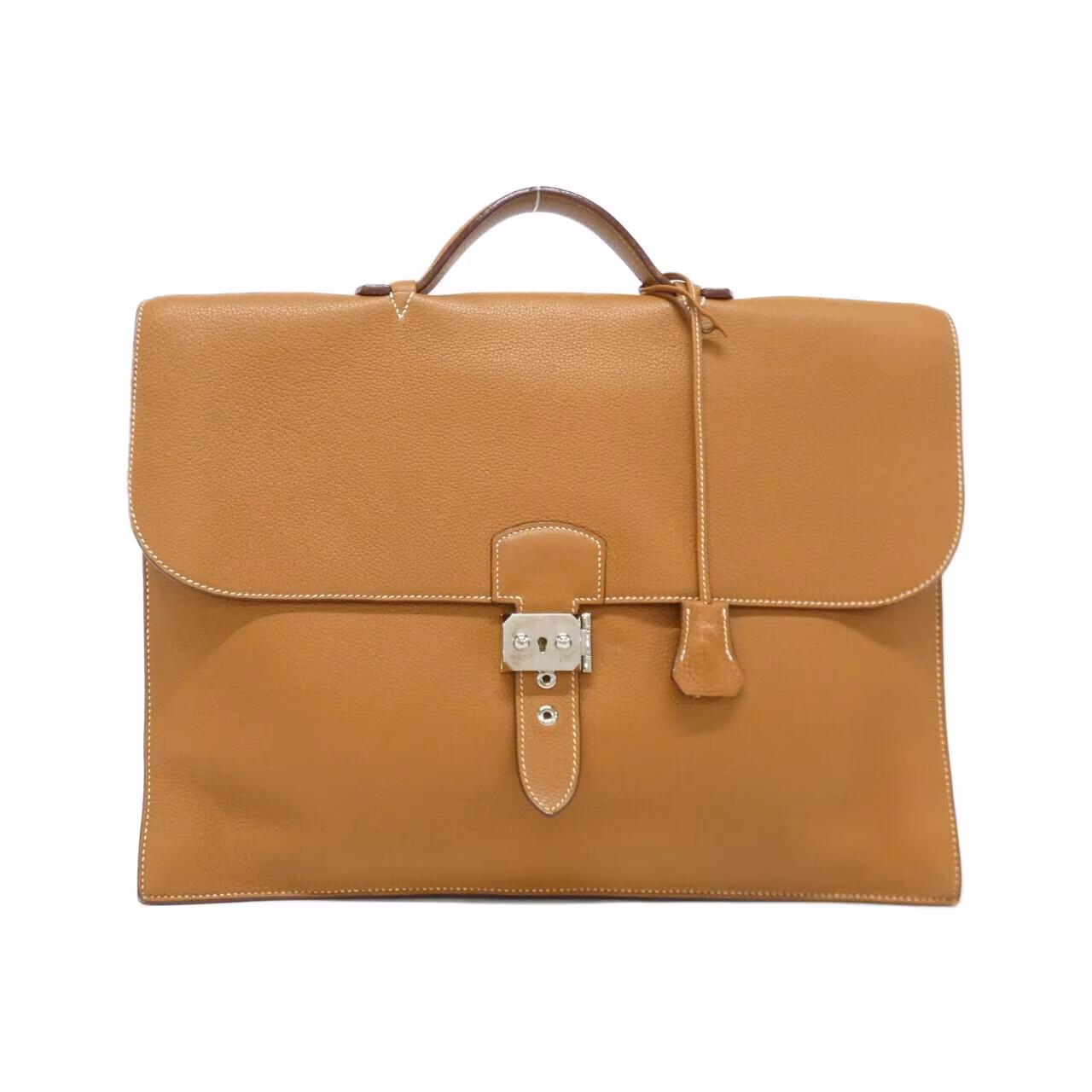Structured rectangular leather briefcase with flap closure and top handle.