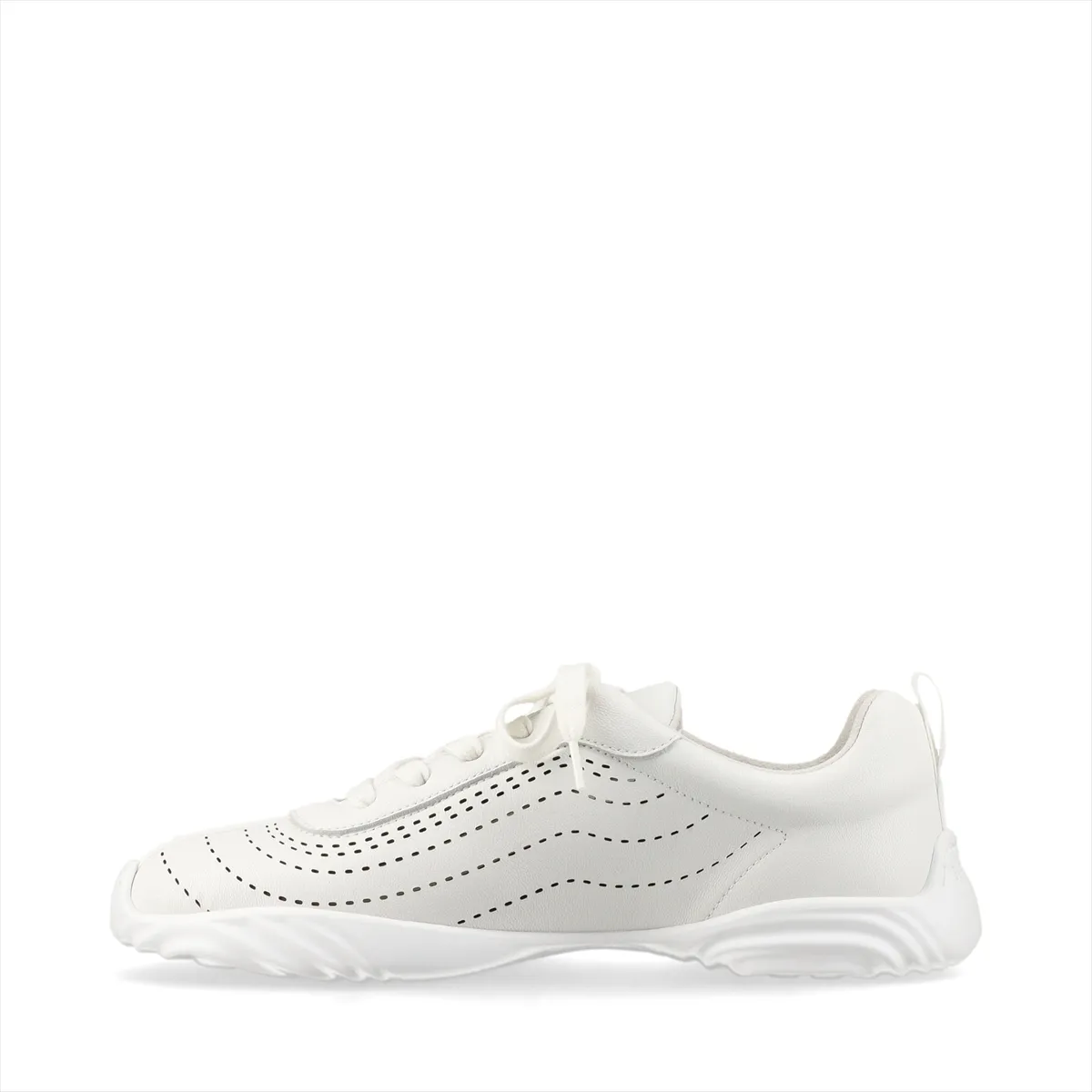 White leather sneakers with bright neon trim details and white soles