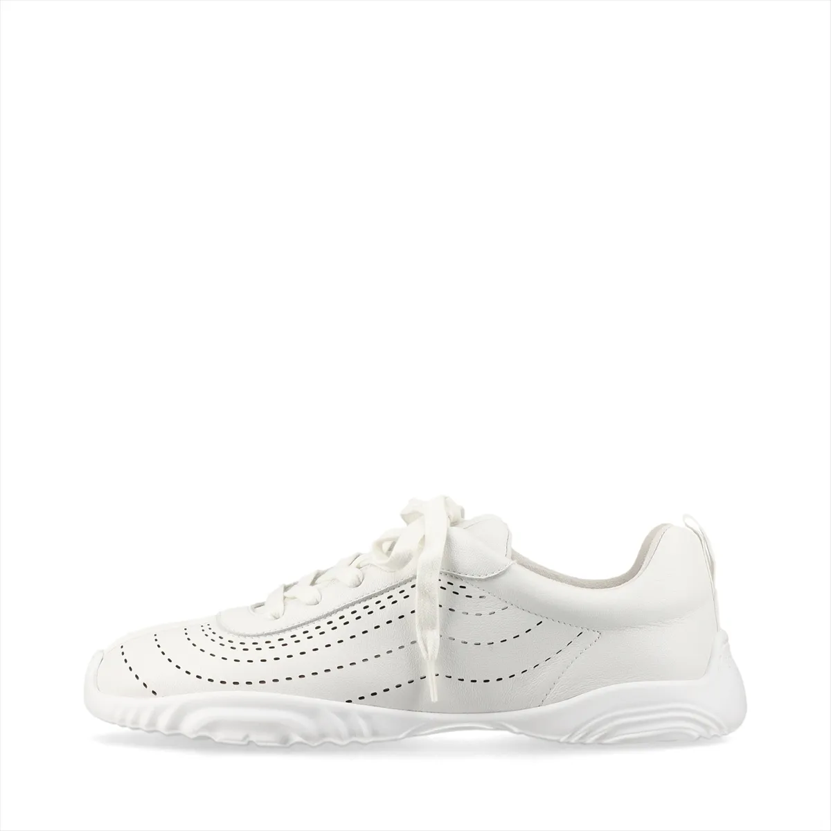 White leather sneakers with bright neon trim details and white soles