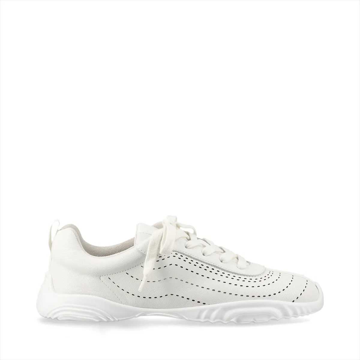 White leather sneakers with bright neon trim details and white soles