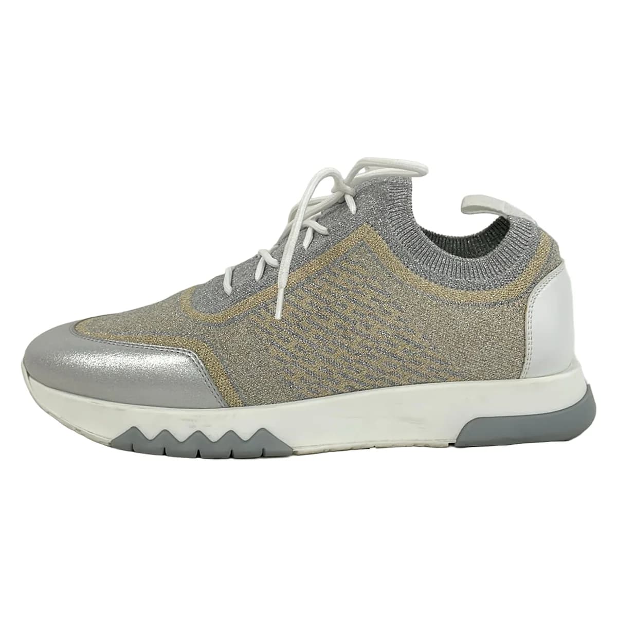 Low-top sneakers in white with metallic silver and gold panels.