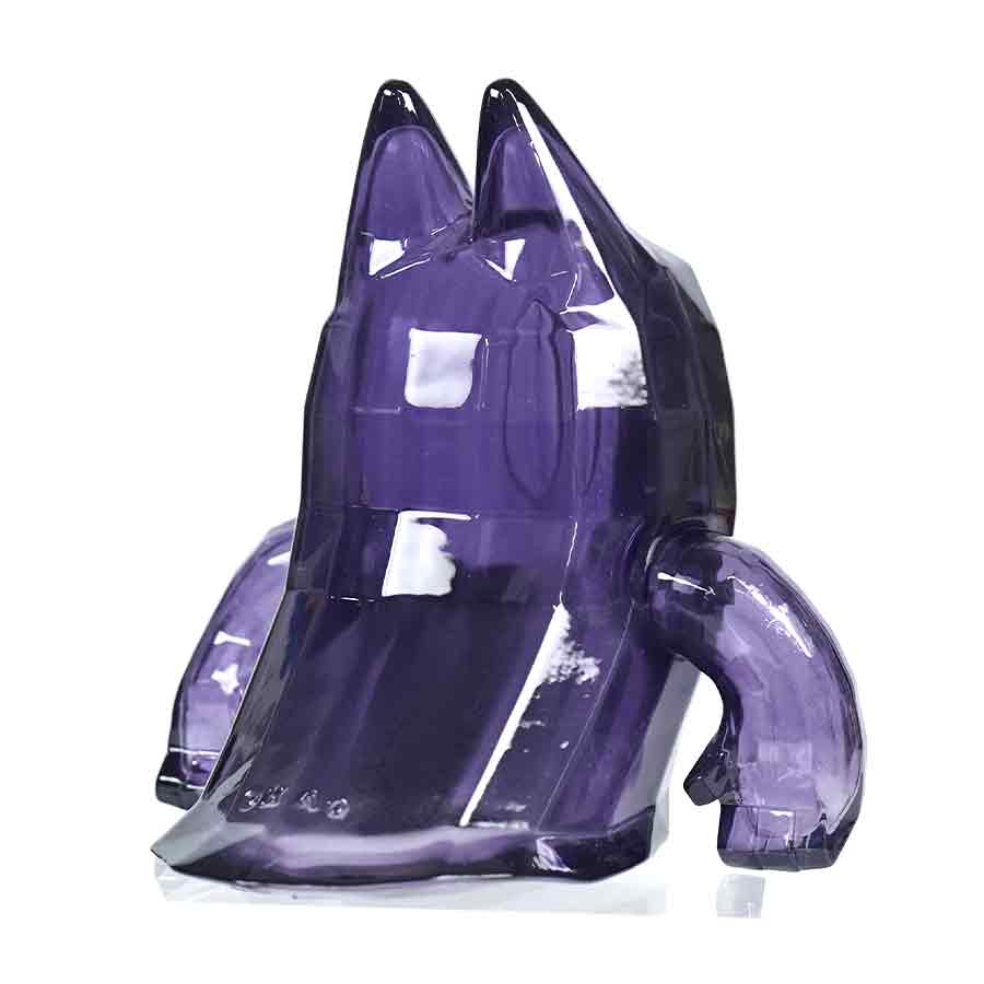 Small ghost-cat figure finished in purple checkerboard lacquer with metallic gold gradation.