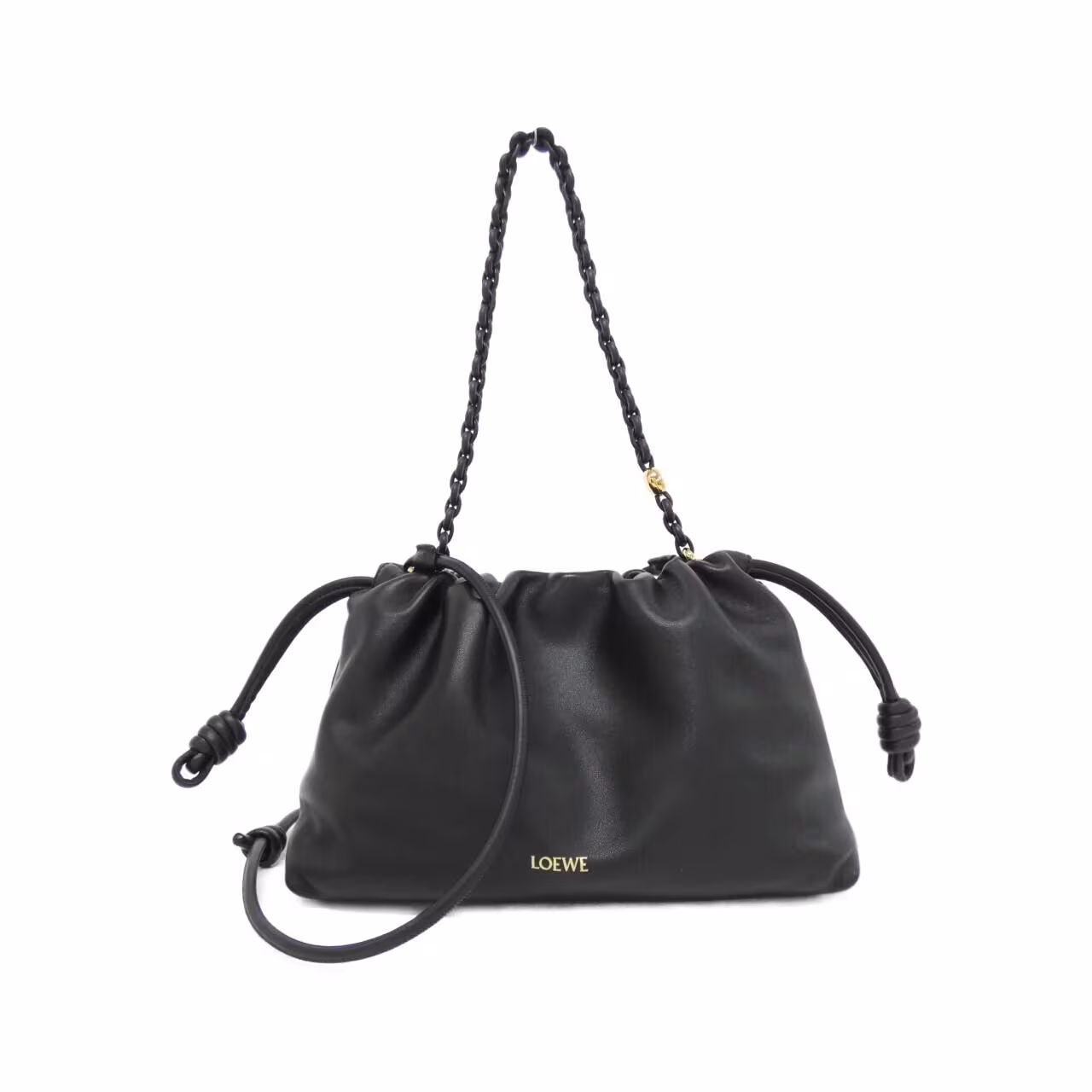 Soft leather bag with gathered sides, knotted drawstring ties and a shoulder strap