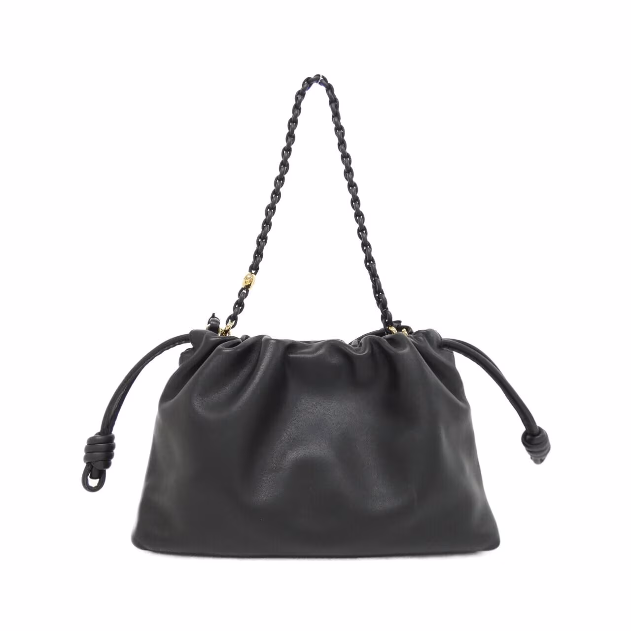 Soft leather bag with gathered sides, knotted drawstring ties and a shoulder strap