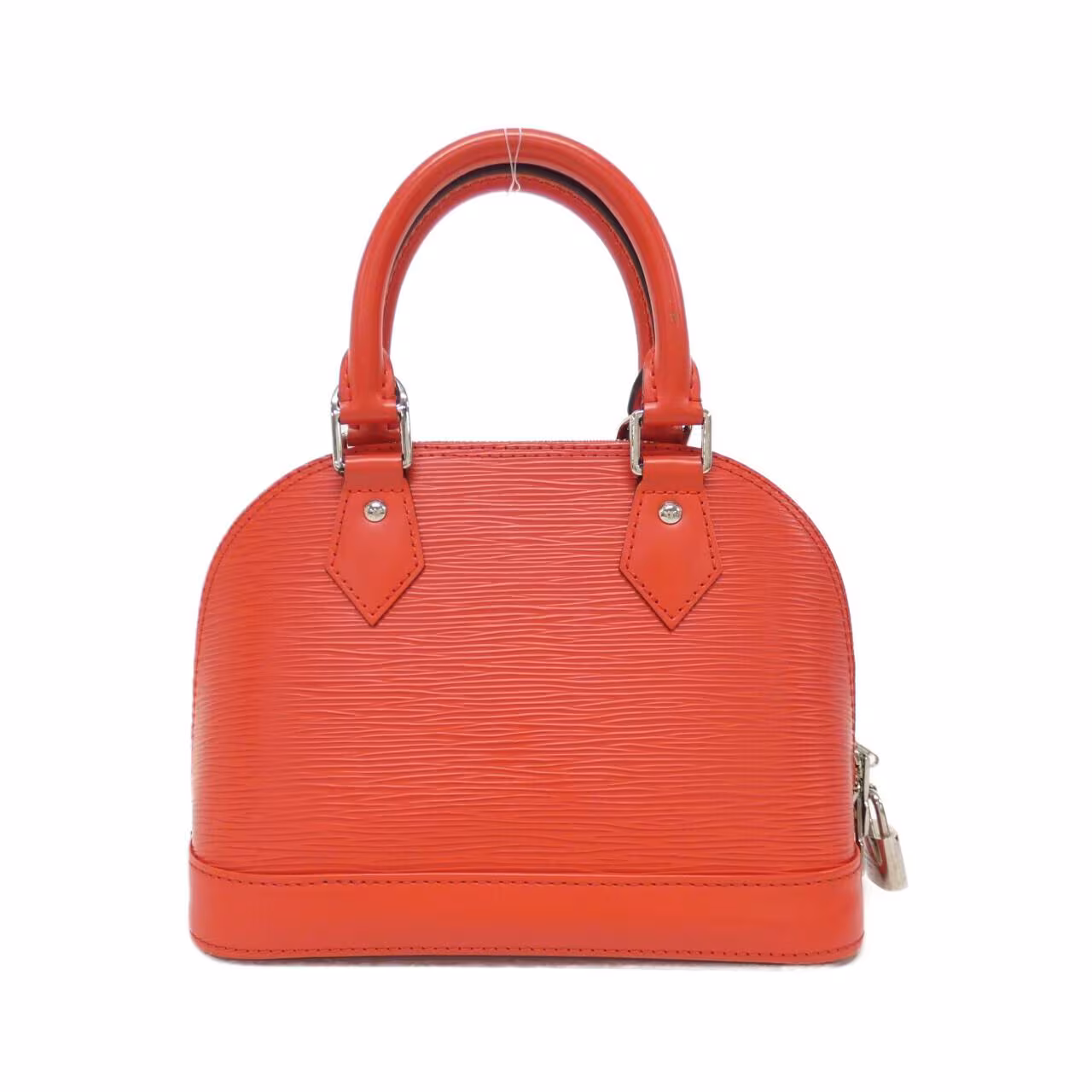 Small structured handbag in textured leather with twin top handles and a padlock detail.