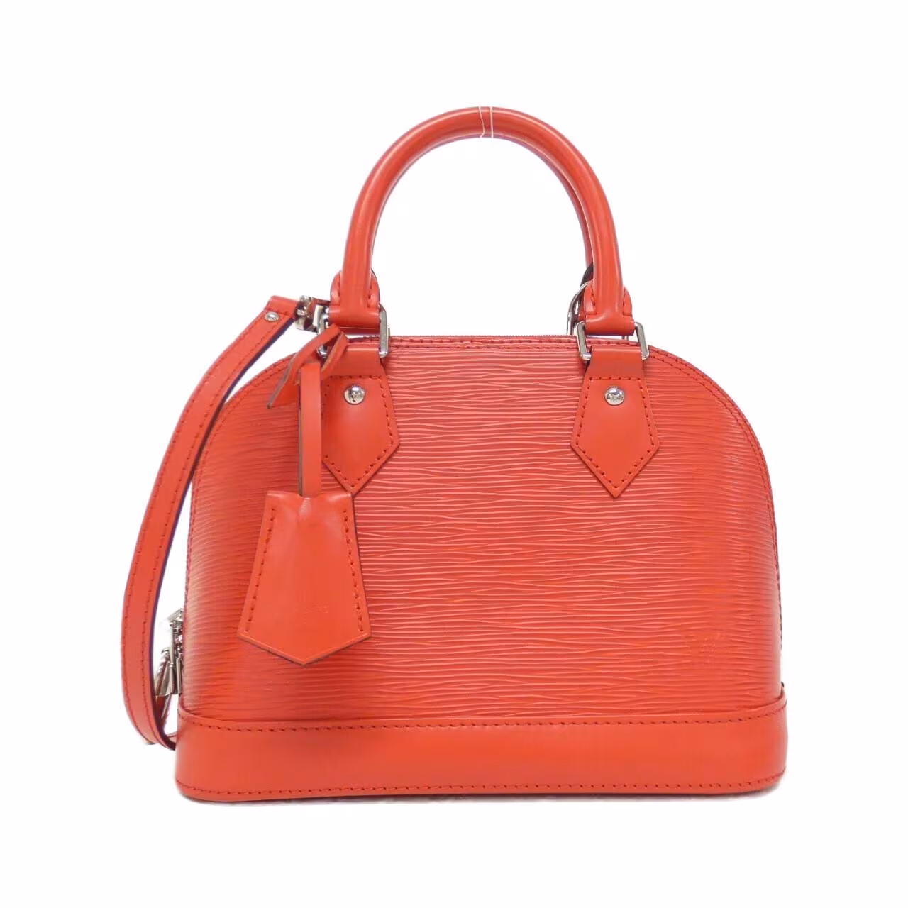 Small structured handbag in textured leather with twin top handles and a padlock detail.