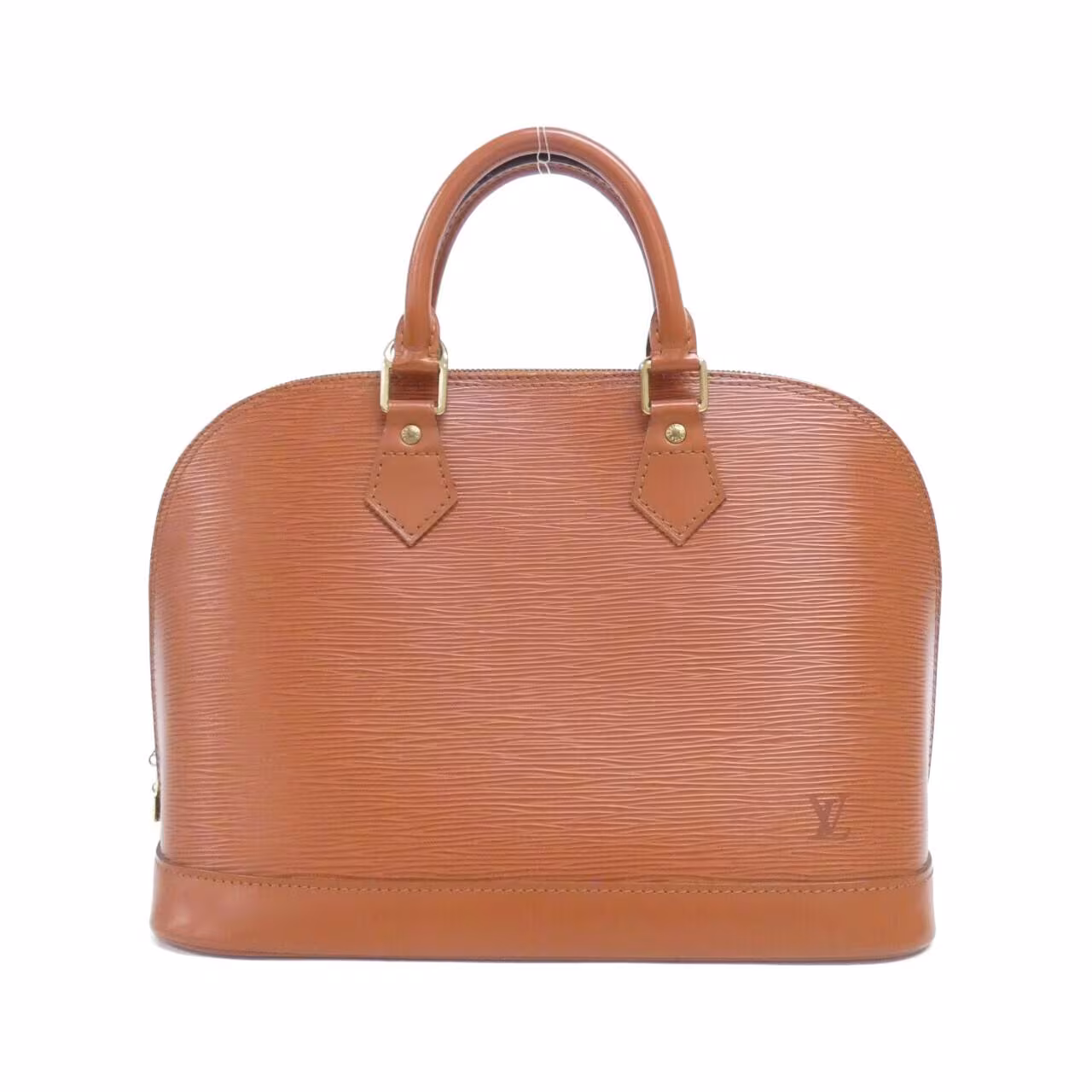 Structured dome-shaped handbag in textured leather with twin handles and a zip top.