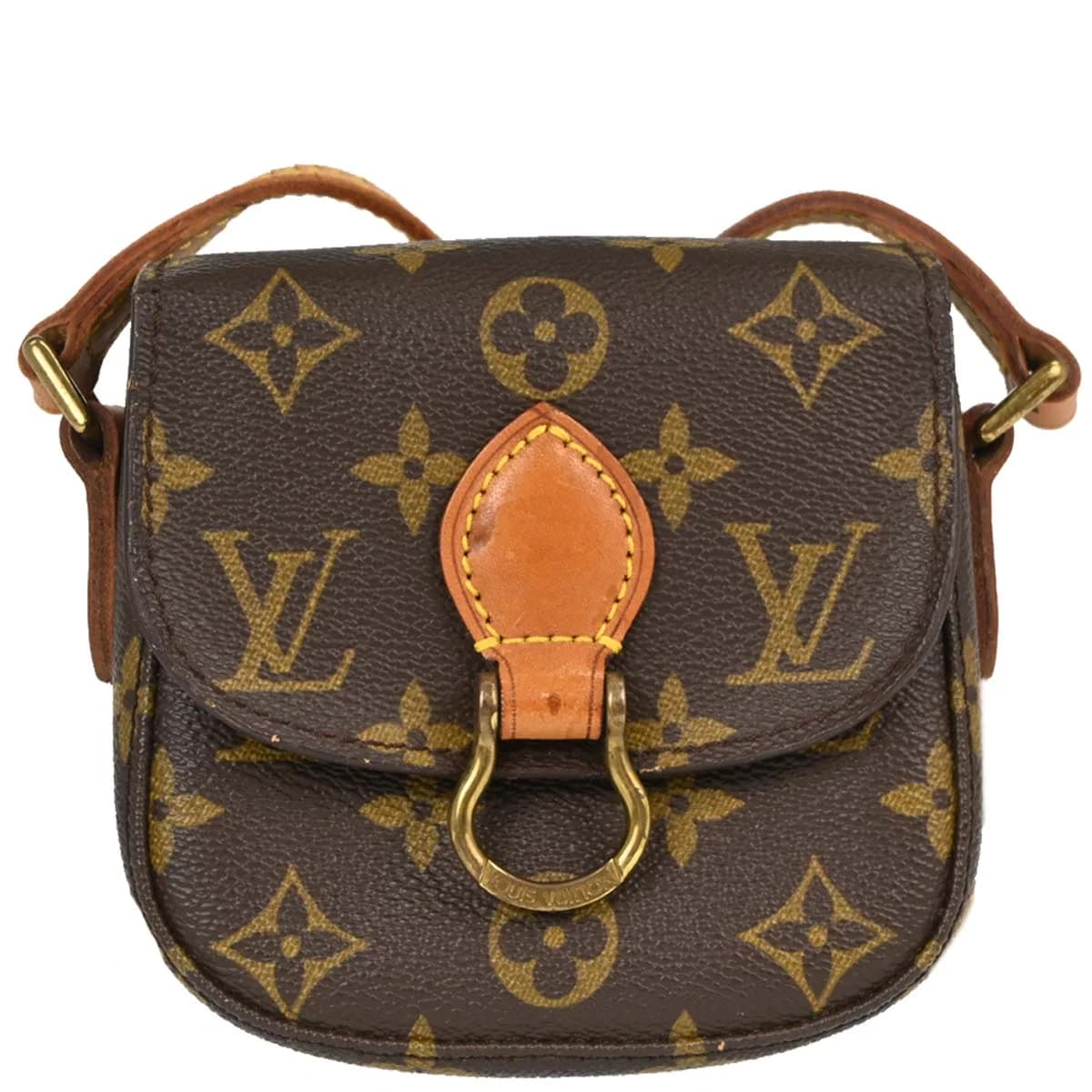 Small brown monogram canvas flap bag with leather trim and a thin adjustable shoulder strap
