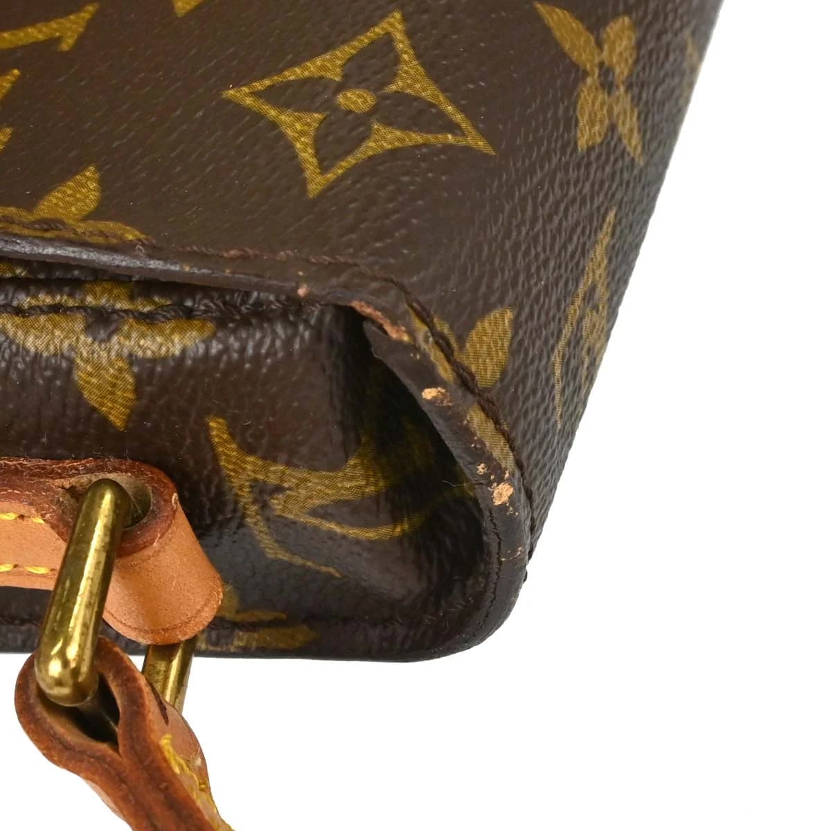 Small brown monogram canvas flap bag with leather trim and a thin adjustable shoulder strap