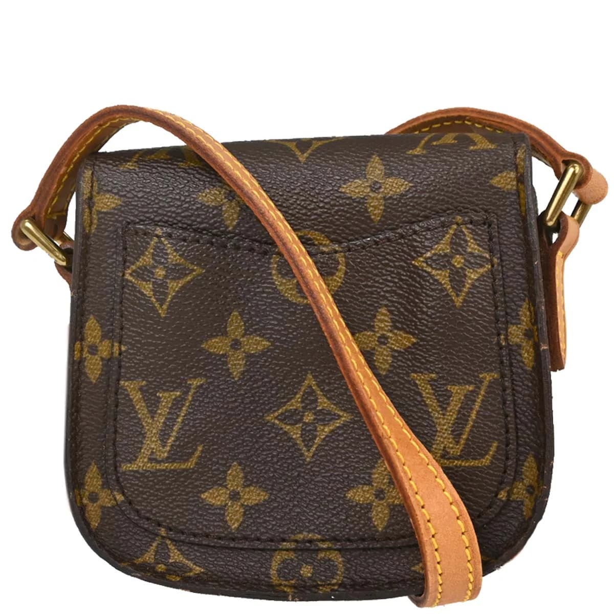 Small brown monogram canvas flap bag with leather trim and a thin adjustable shoulder strap