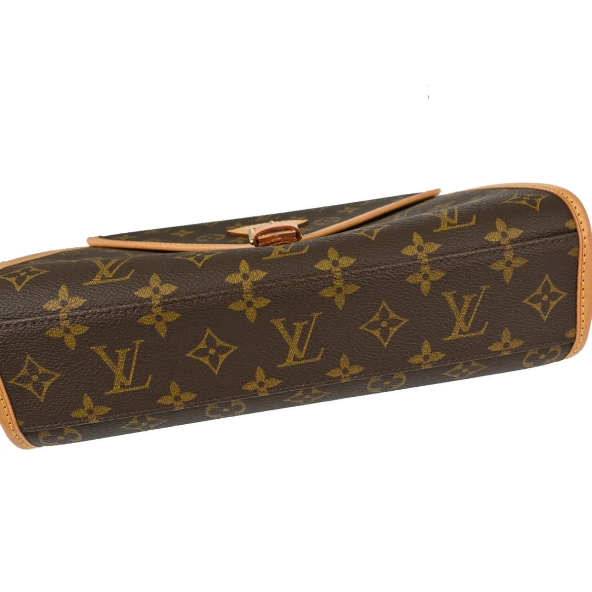 Structured brown monogram canvas handbag with leather trim, top handles and a front flap closure.