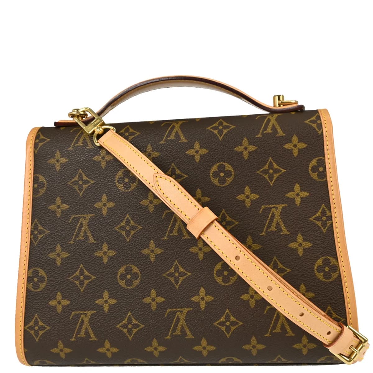 Structured brown monogram canvas handbag with leather trim, top handles and a front flap closure.