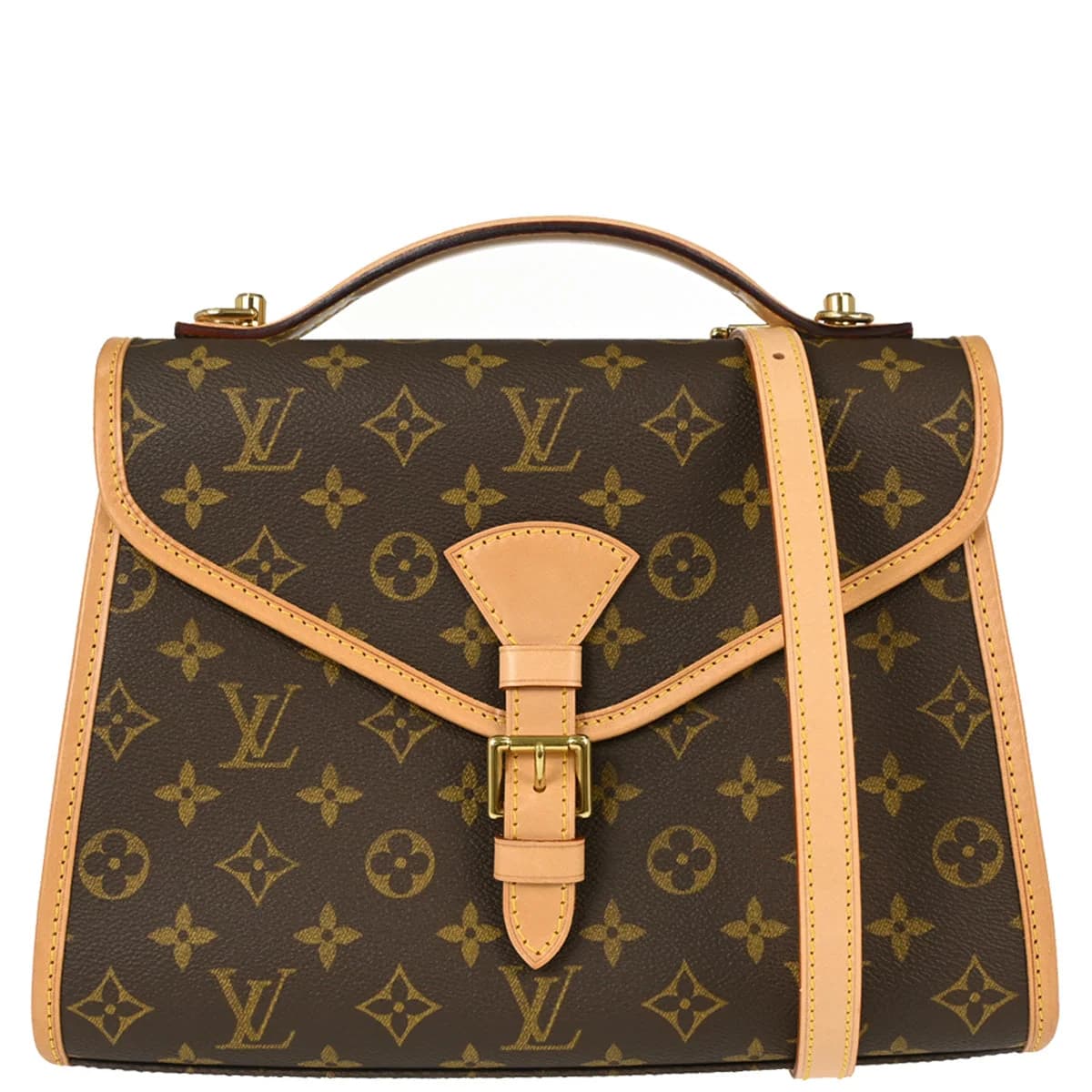 Structured brown monogram canvas handbag with leather trim, top handles and a front flap closure.