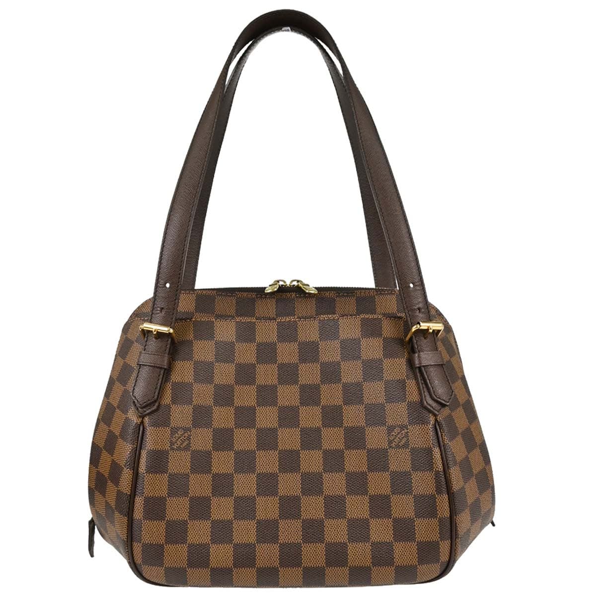 Brown checked coated canvas handbag with rolled leather handles and a zip top