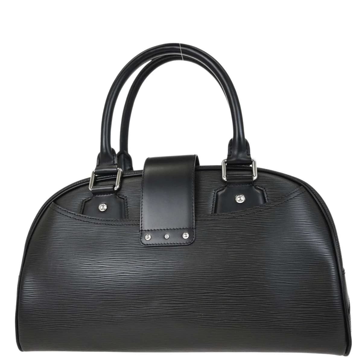 Structured black textured-leather bowling-style bag with rolled handles.