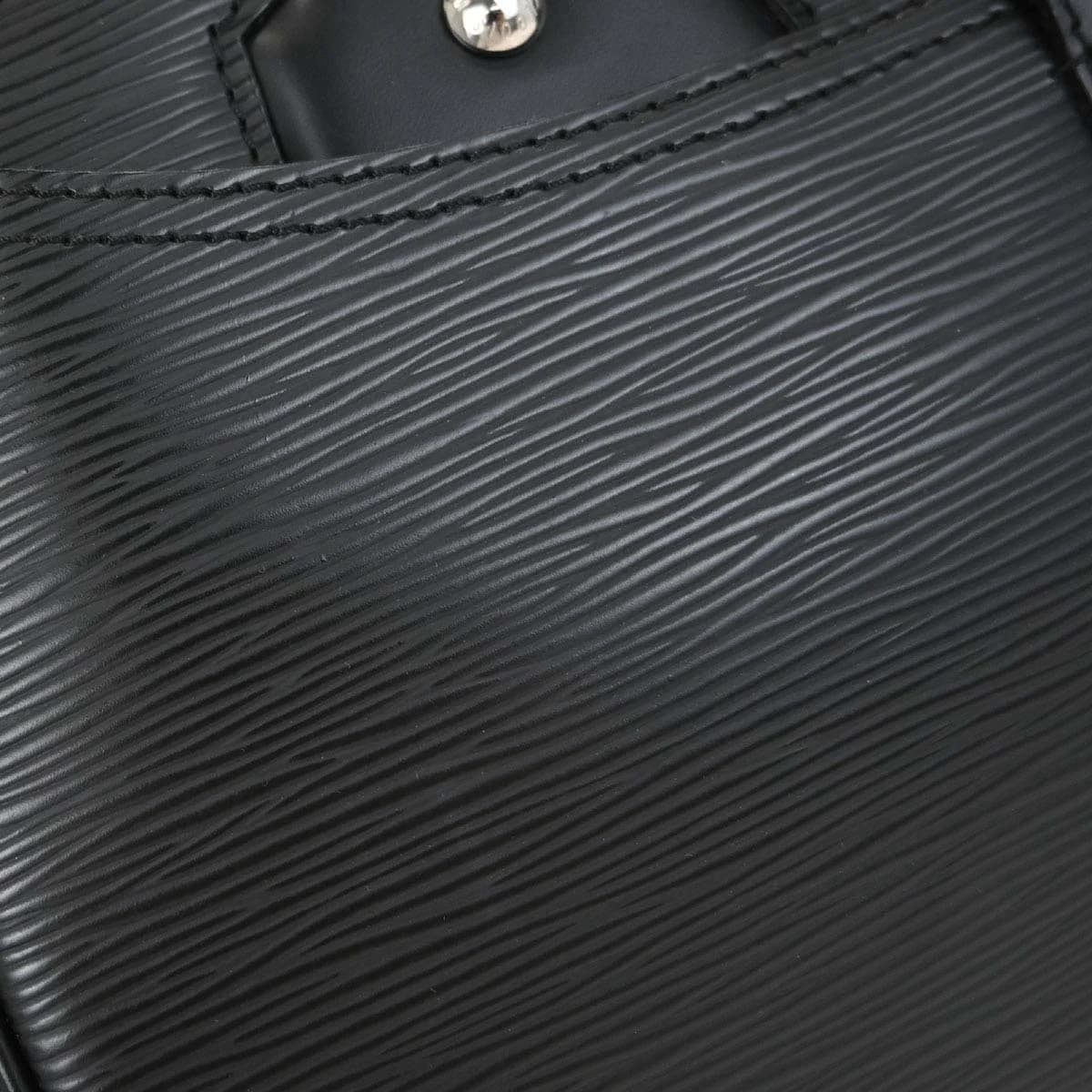 Structured black textured-leather bowling-style bag with rolled handles.