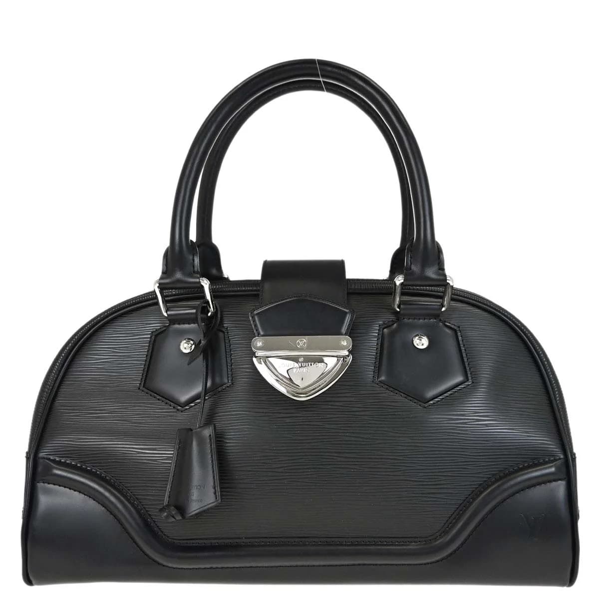 Structured black textured-leather bowling-style bag with rolled handles.