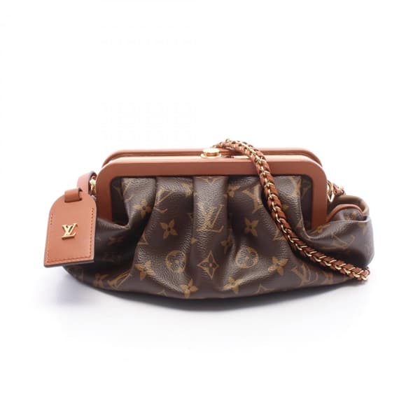 Brown monogram-pattern coated canvas east-west shoulder bag with leather trim and a detachable strap.