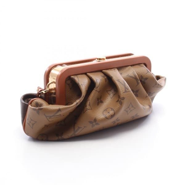 Brown monogram-pattern coated canvas east-west shoulder bag with leather trim and a detachable strap.