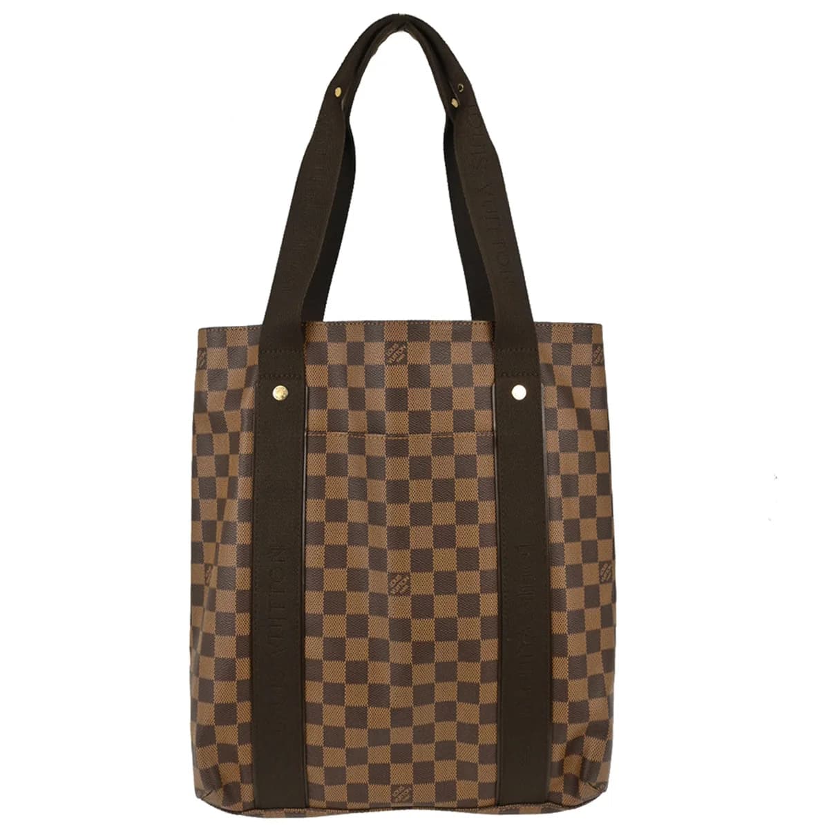 Brown checked canvas tote bag with tan leather handles and trim, standing upright.