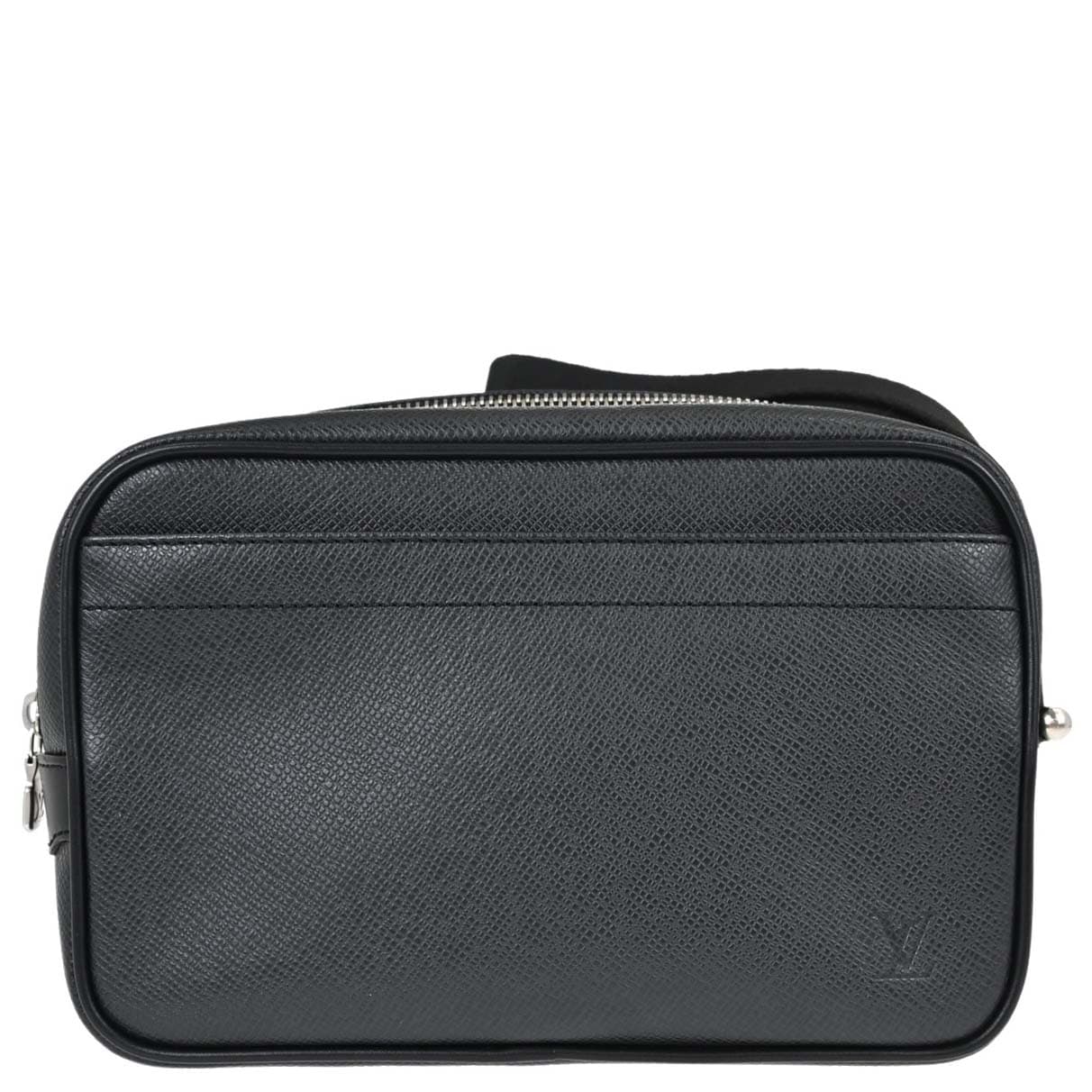 Flat black grained leather clutch with a zip closure and a wrist strap.