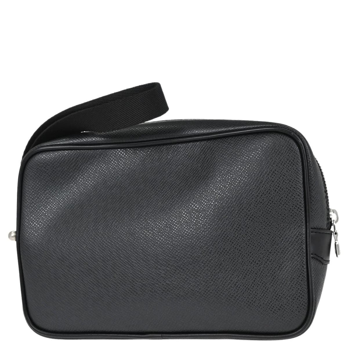 Flat black grained leather clutch with a zip closure and a wrist strap.