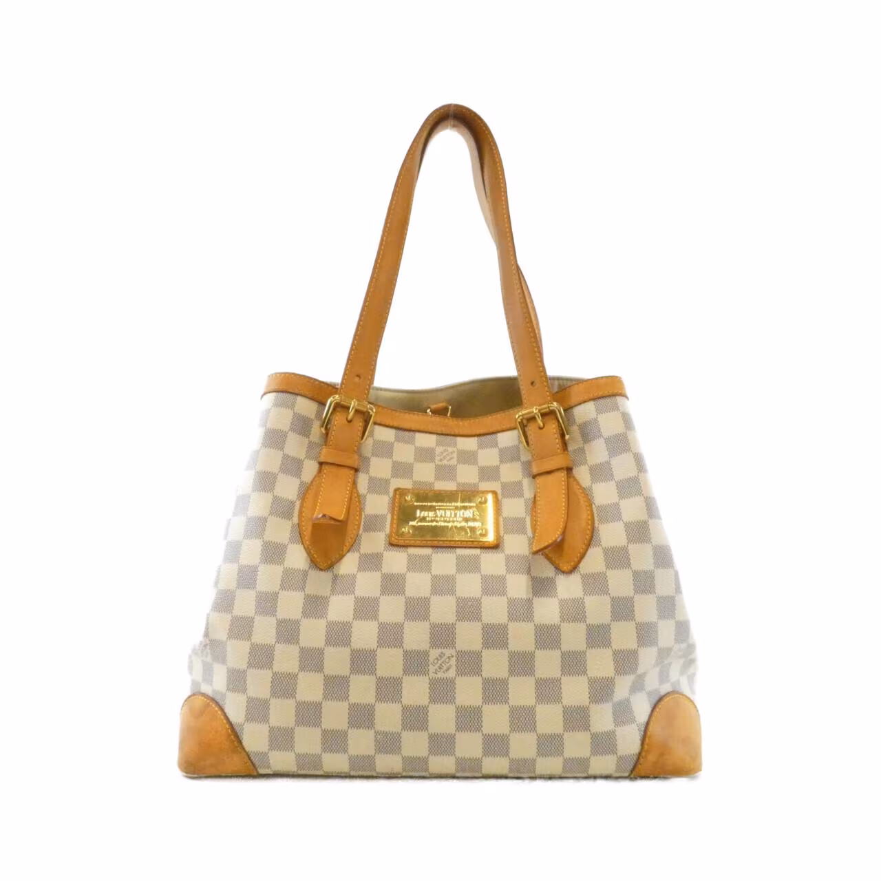Light blue and white checked canvas shoulder bag with tan leather handles.