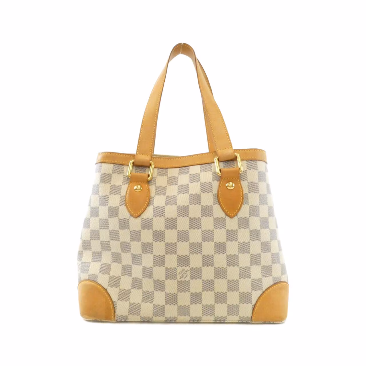 Compact checked canvas shoulder bag in pale blue and white with tan leather straps.