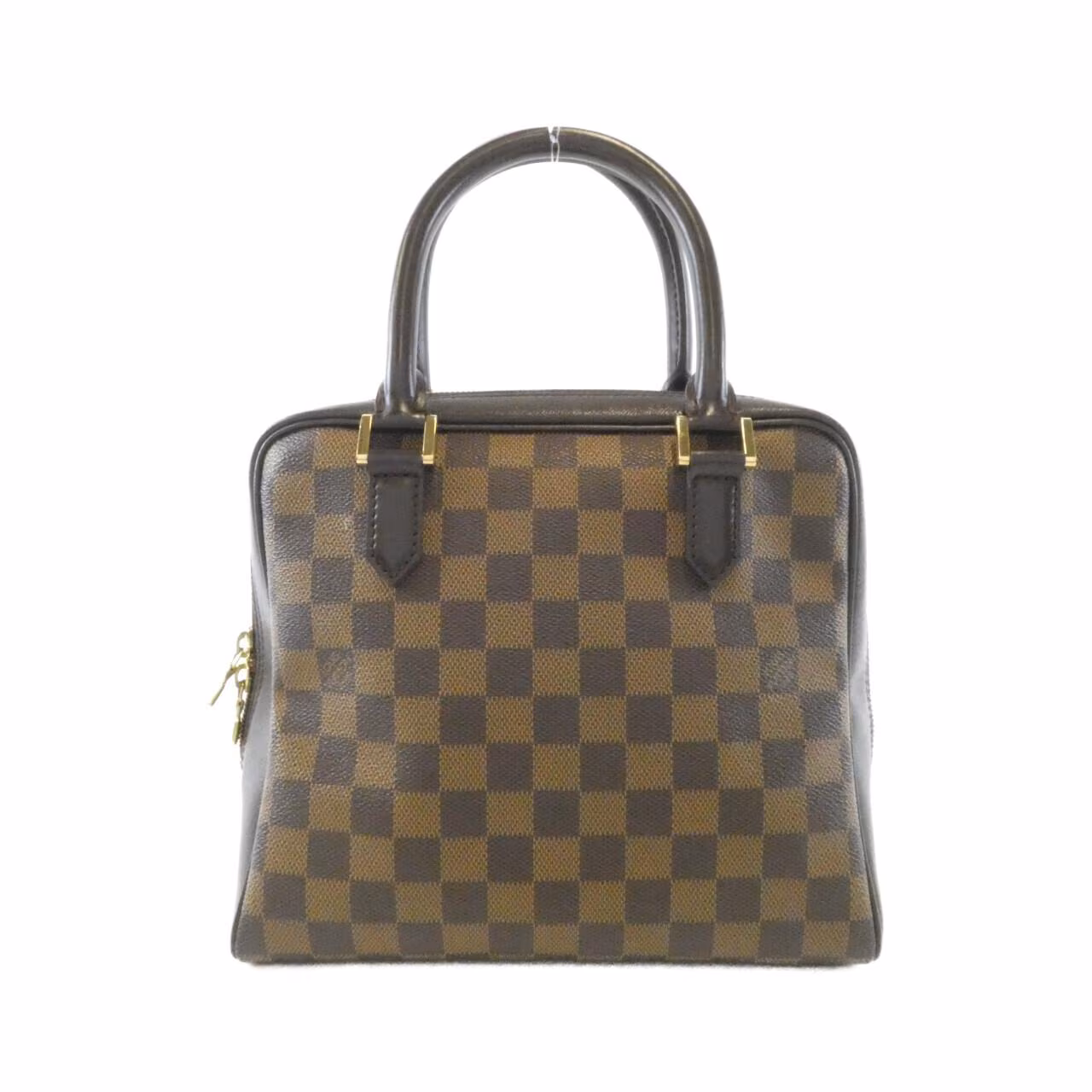 Dark brown checked canvas handbag with two short handles and a zip top.