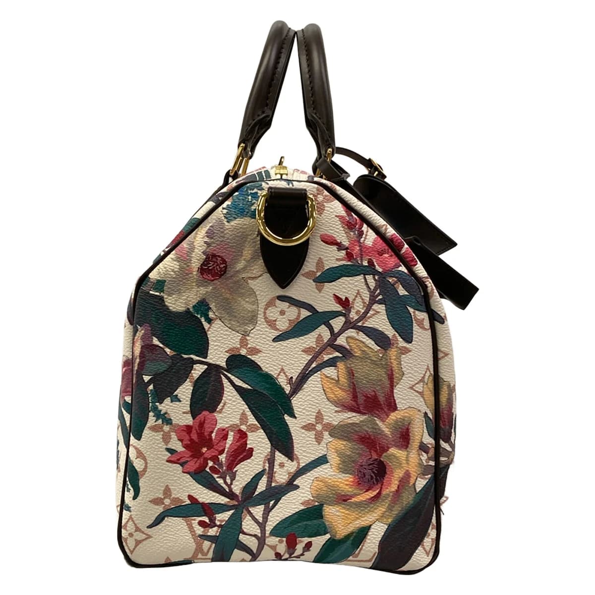 Brown monogram-patterned handbag with a short handle and gold-tone hardware
