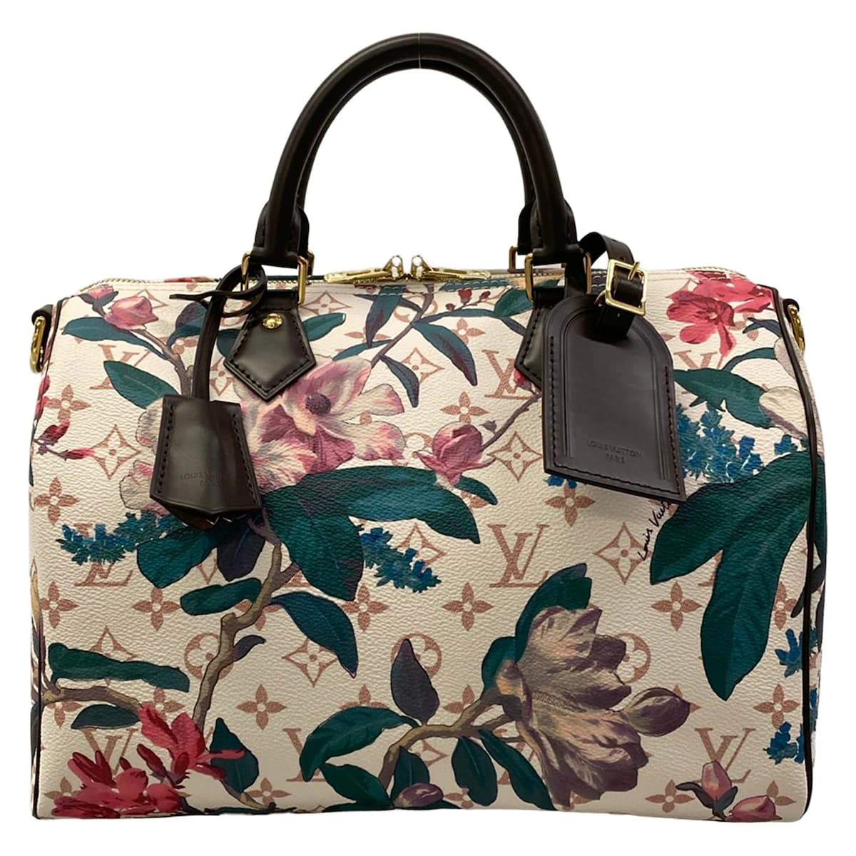 Brown monogram-patterned handbag with a short handle and gold-tone hardware