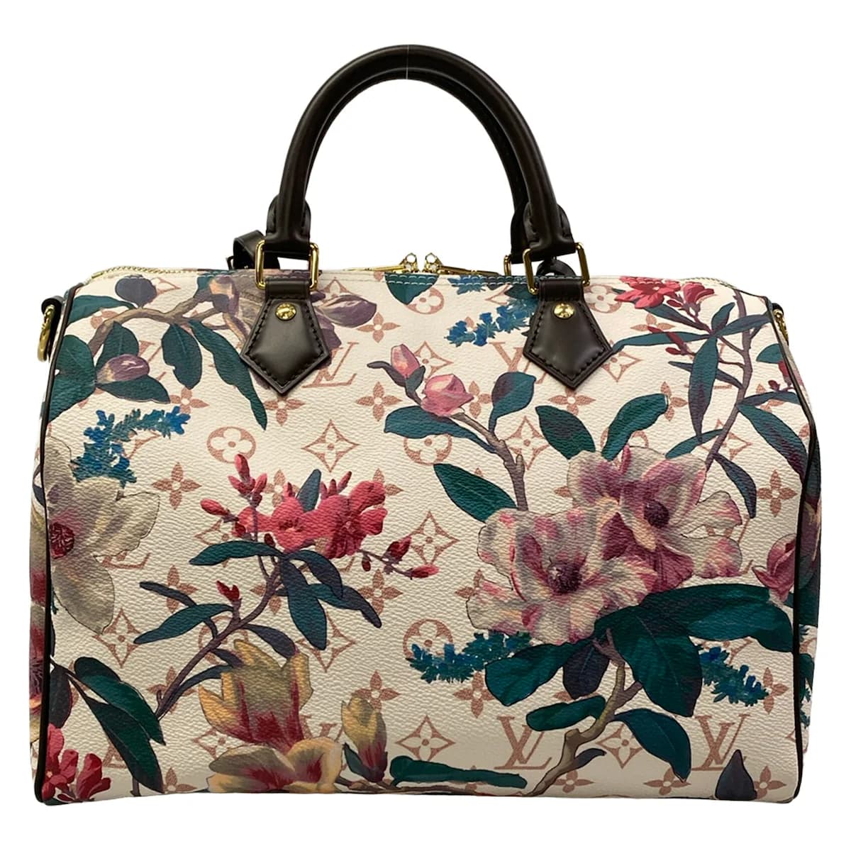 Brown monogram-patterned handbag with a short handle and gold-tone hardware