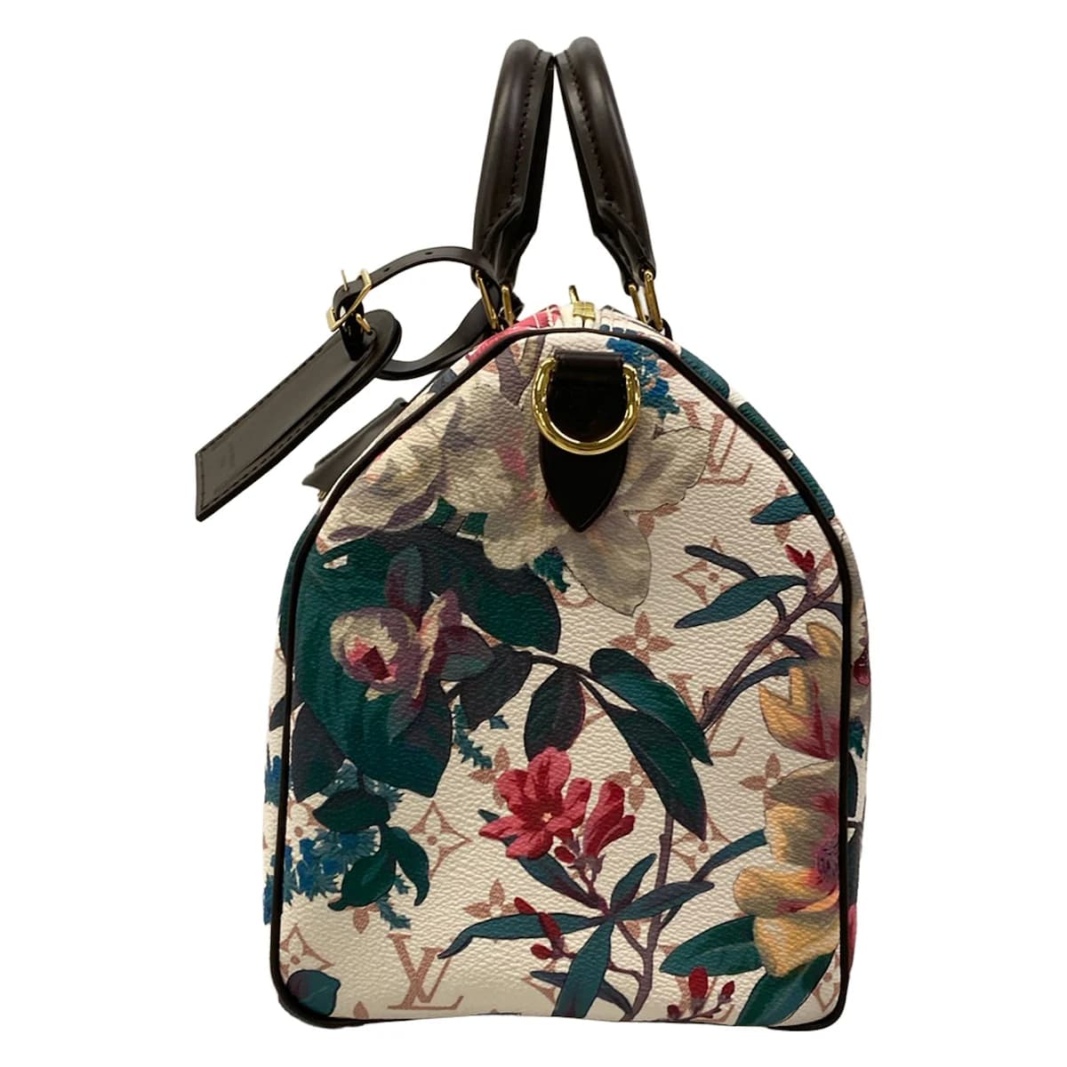 Brown monogram-patterned handbag with a short handle and gold-tone hardware