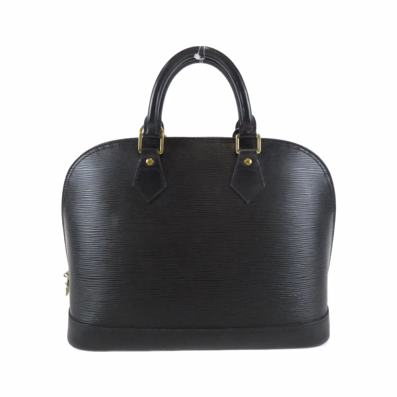 Domed textured leather handbag with rolled top handles and a curved zip opening.